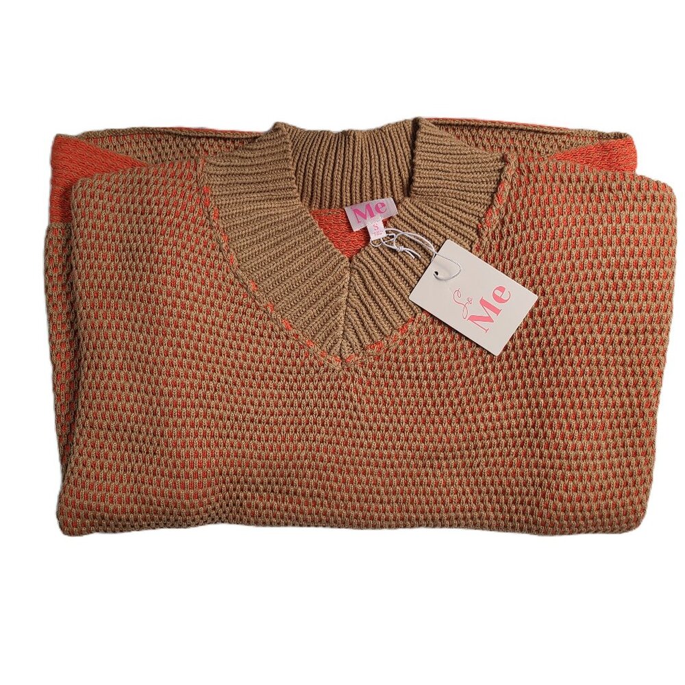NWT Oversized Orange & Camel Knit Pullover Sweater With Collared Neckline Small - Picture 2 of 9